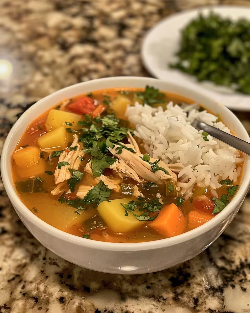 Aguadito de Pollo served with lime wedges ready to eat