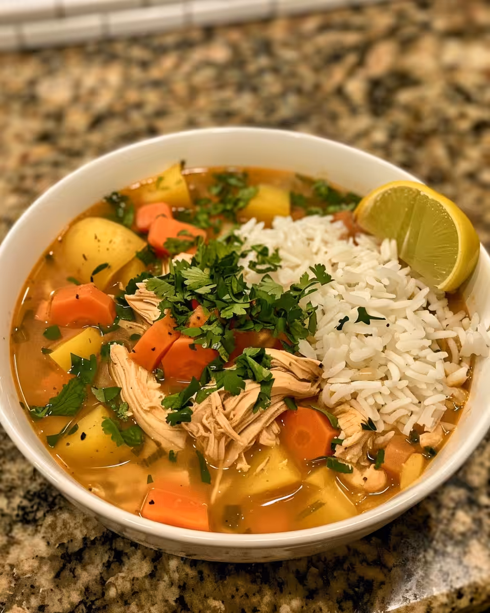 Peruvian Aguadito de Pollo chicken soup fresh in bowl