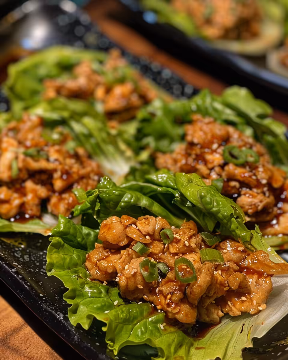Final chicken lettuce wraps served on plate with green onions