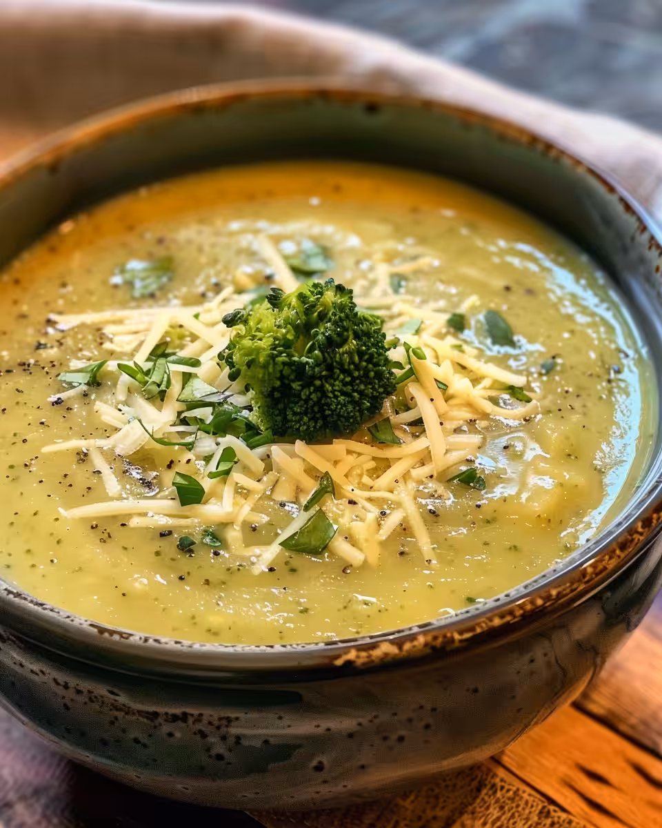 Creamy potato broccoli soup served in bowl with garnish