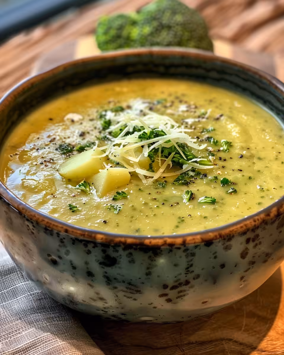 Creamy potato broccoli soup in pressure cooker with delicious aroma