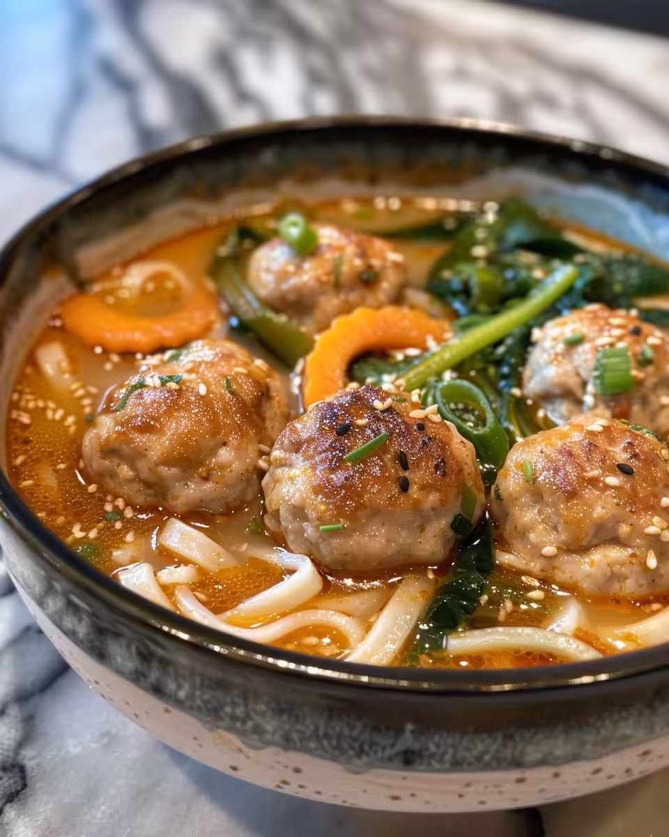 Ingredients for Thai red curry chicken meatball udon soup including curry paste, coconut milk, and fresh herbs
