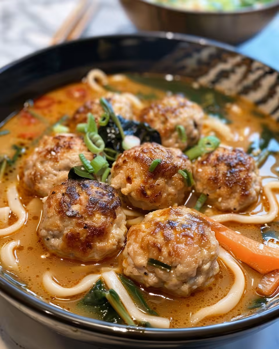 Finished bowl of Thai red curry chicken meatball udon soup garnished with herbs and lime
