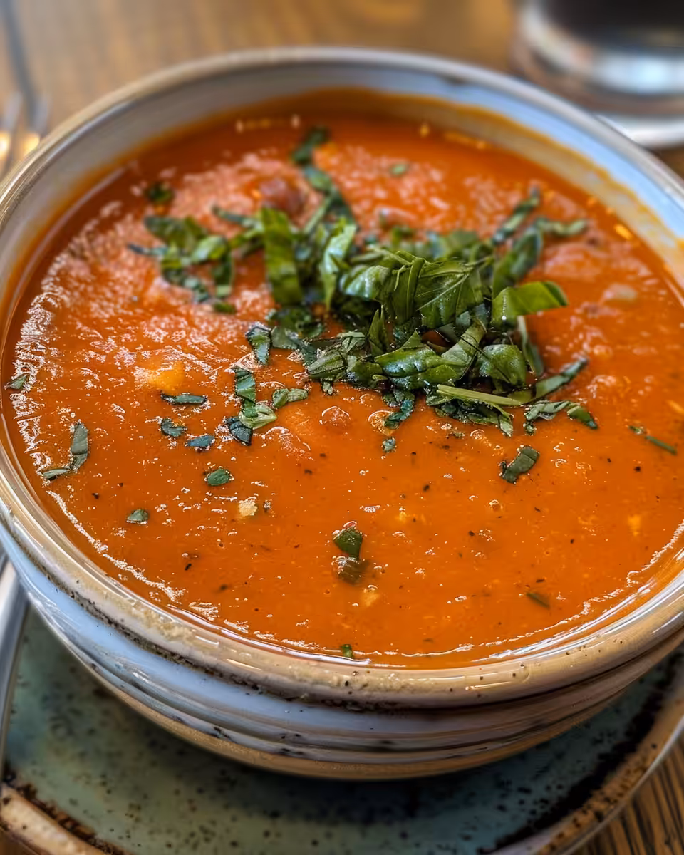 Close-up of the finished roasted red pepper soup with herbs and pepper flakes