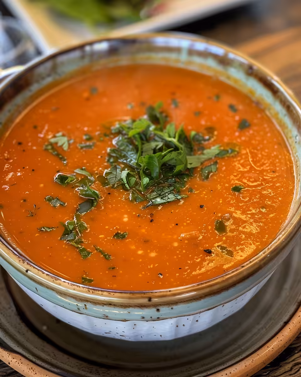 Creamy roasted red pepper soup in a bowl, vibrant and inviting
