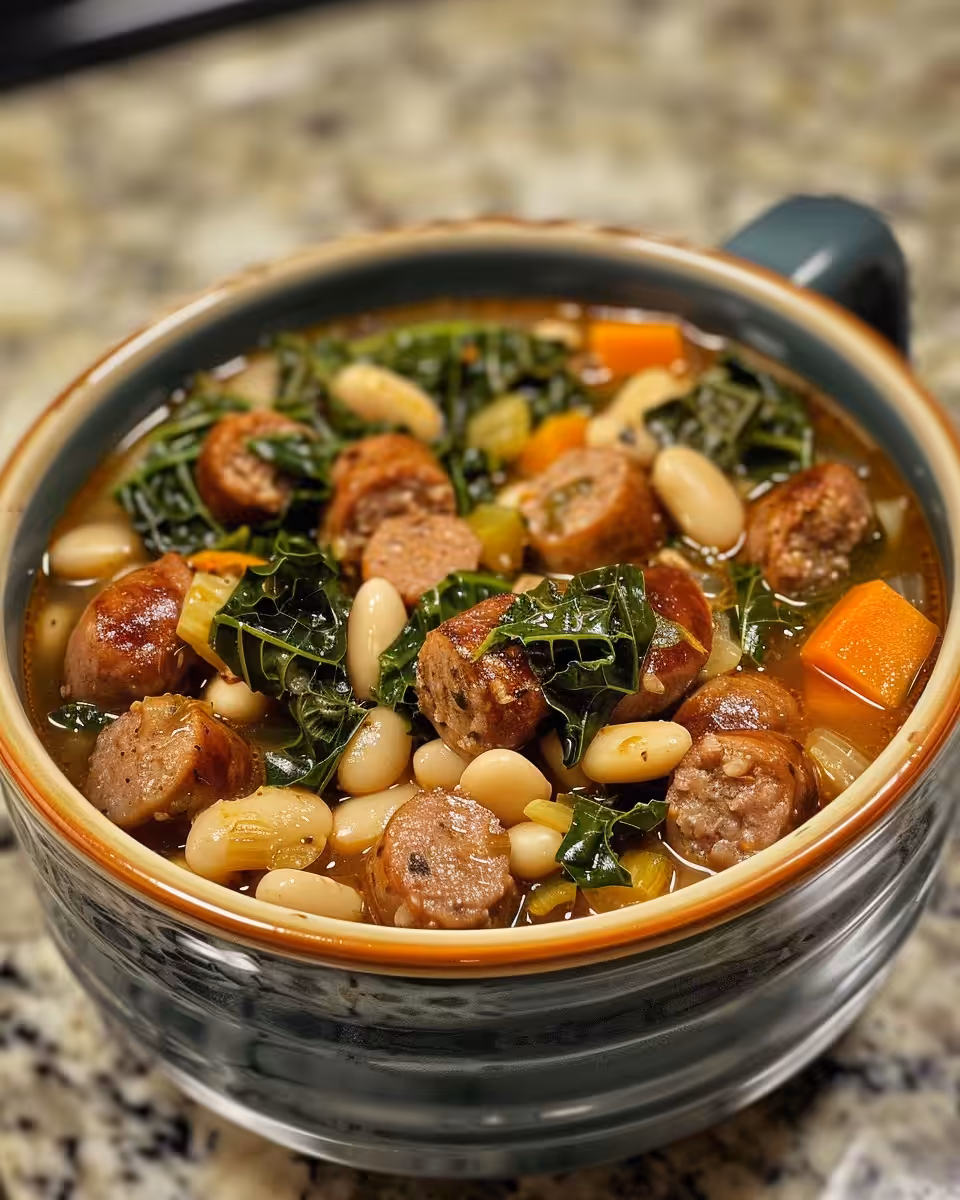 Ingredients for sausage kale and white bean soup in bowls