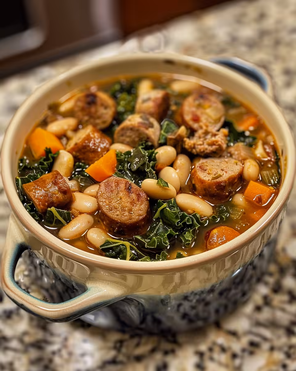 Serving bowl of sausage kale and white bean soup styled and ready to eat