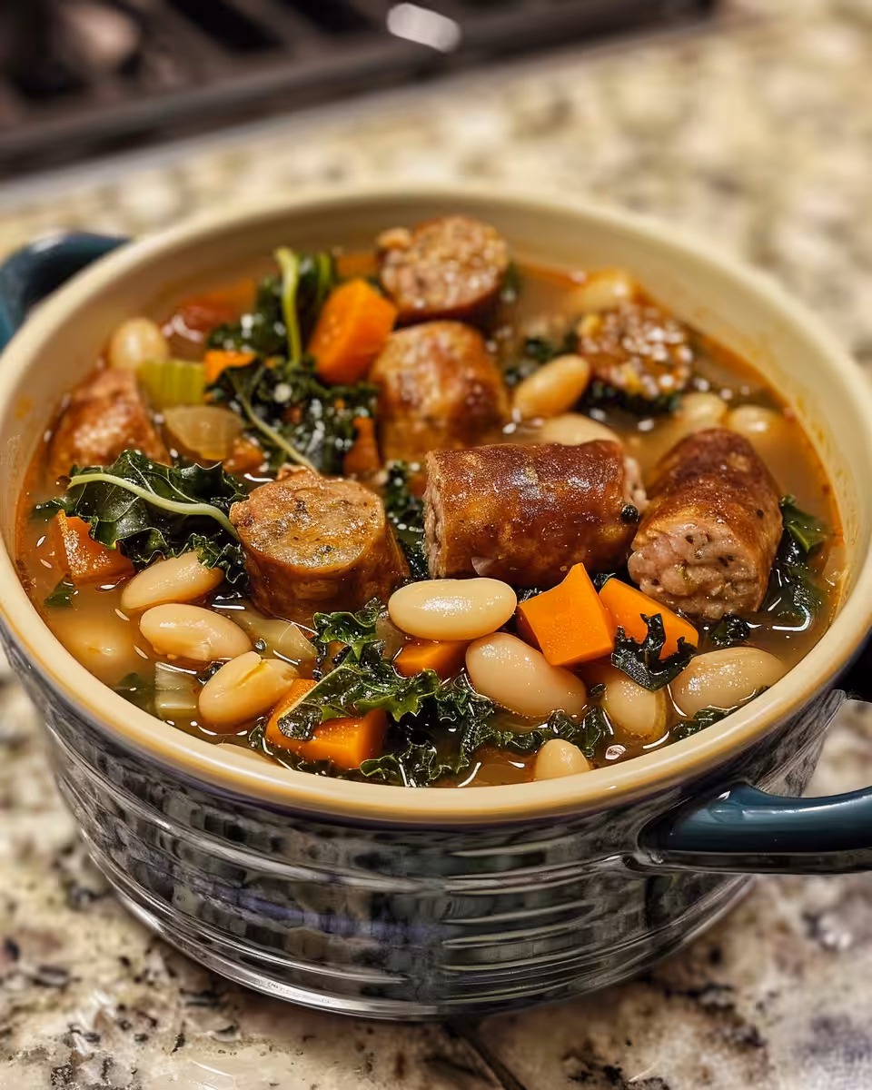 Pressure cooker with sausage, kale, and white bean soup cooking
