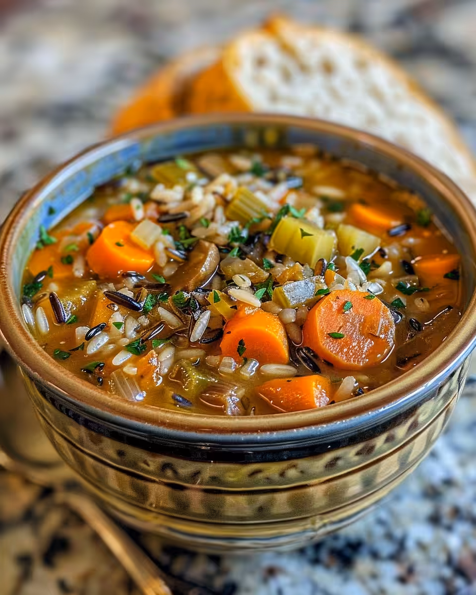 Final slow cooked vegetable wild rice soup served in bowl garnished with kale