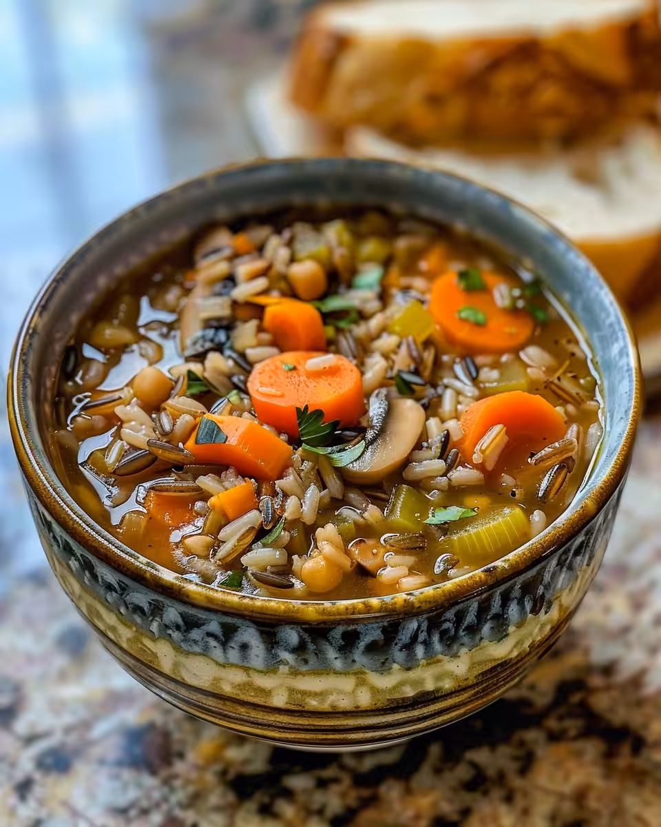 Close-up of slow-cooked vegetable wild rice soup in a pot with steam rising