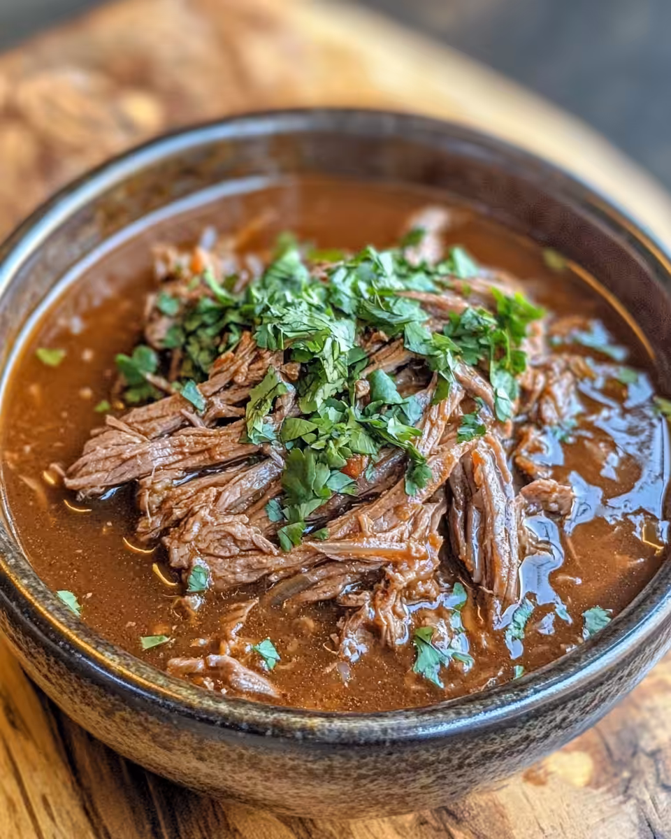 Slow cooker barbacoa beef simmering with chipotle and spices