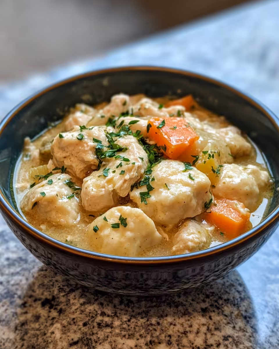 Finished slow cooker chicken and dumplings served warm