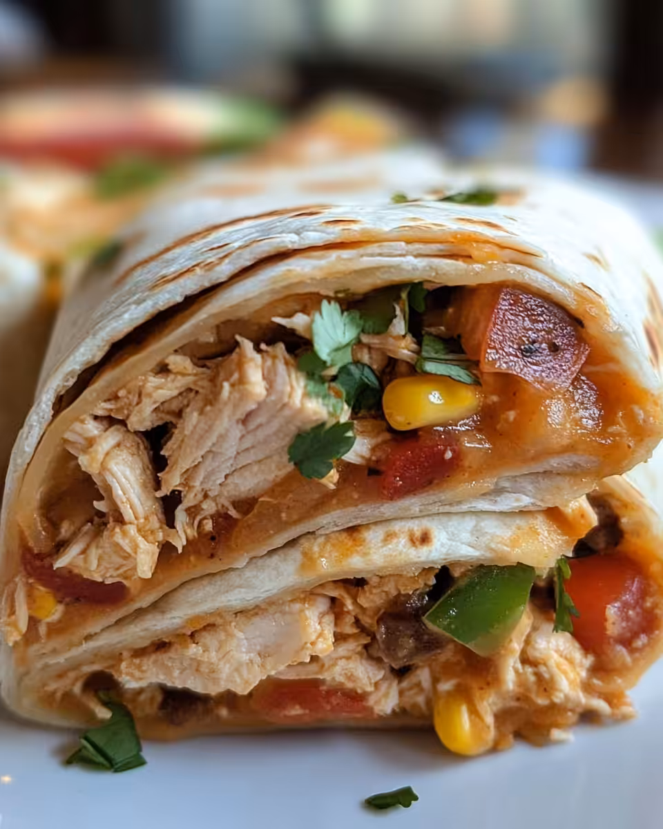 Served slow cooker chicken burritos with cheese and sour cream