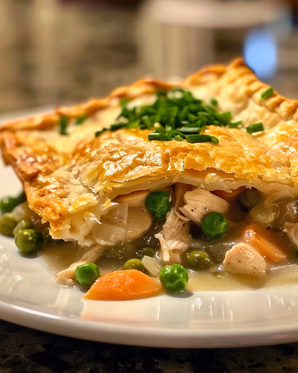 Served slow cooker chicken pot pie with flaky biscuit topping
