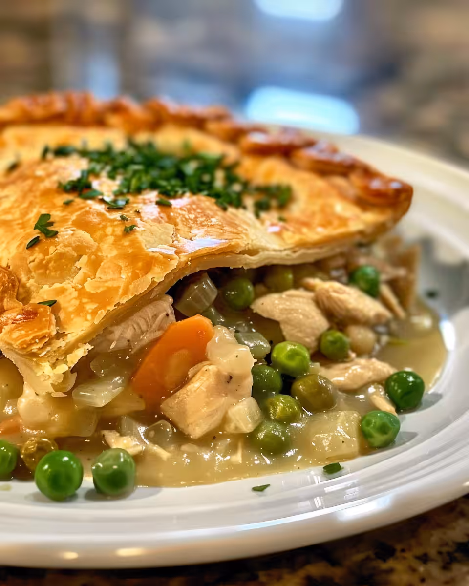 Slow cooker chicken pot pie steaming in pot, ready to be served