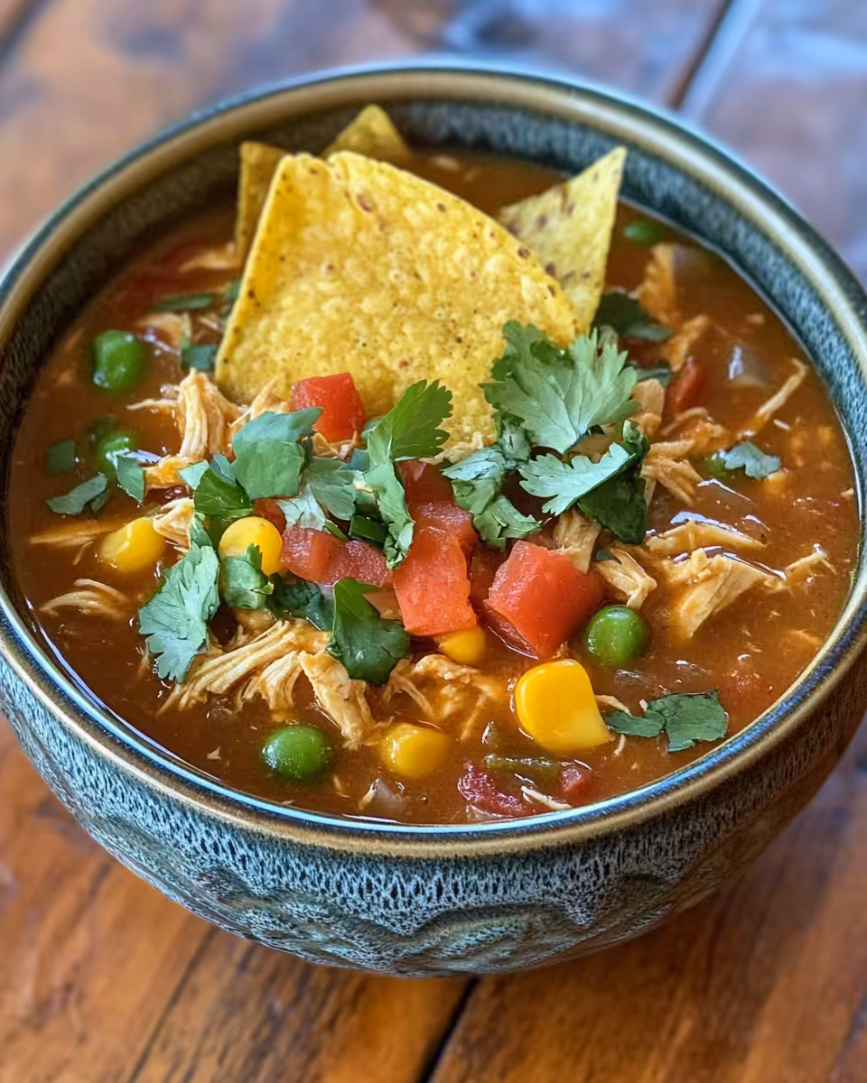 Bowl of finished Slow Cooker Chicken Tortilla Soup topped with crispy tortilla strips and fresh cilantro