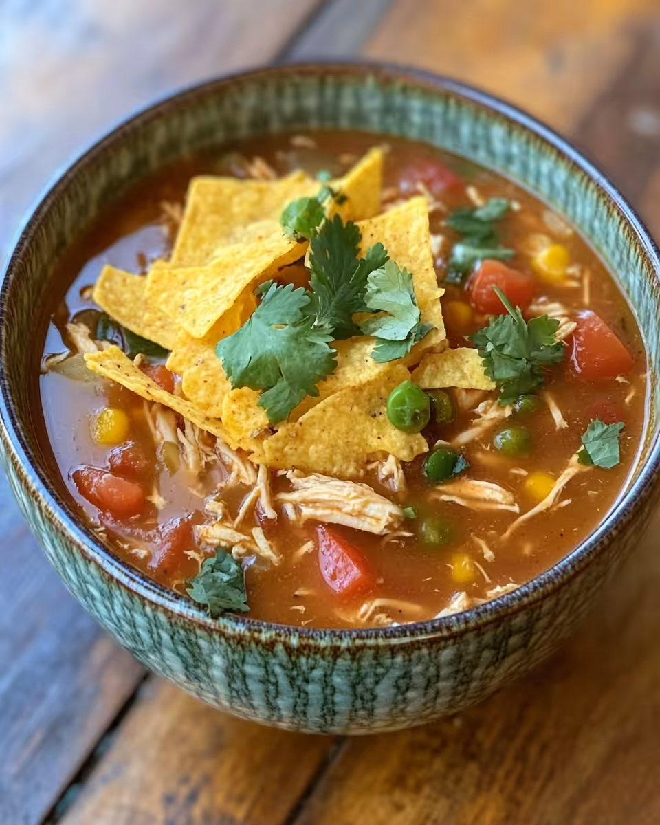 Slow cooker with chicken tortilla soup beginning to simmer