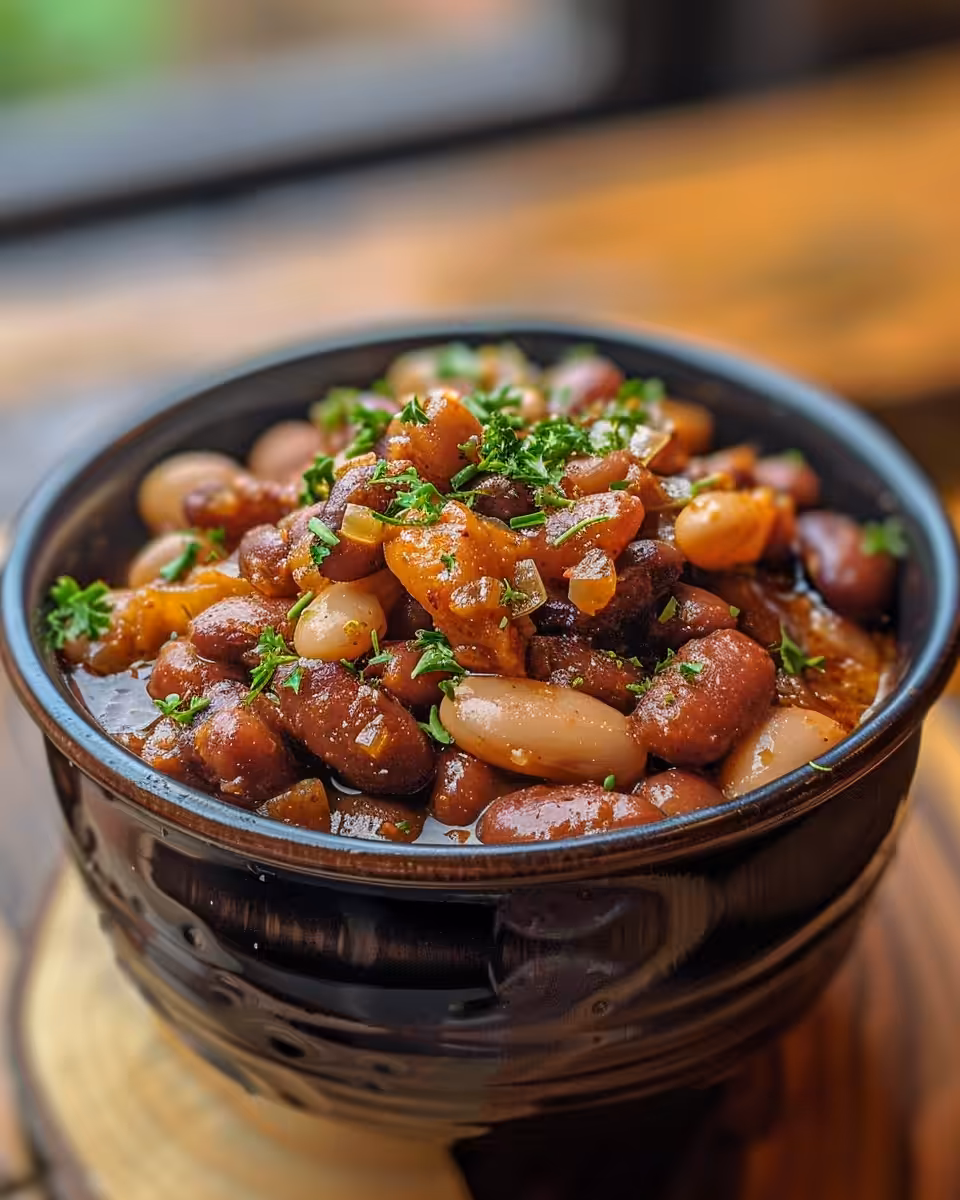 Steaming bowl of finished cowboy beans served hot
