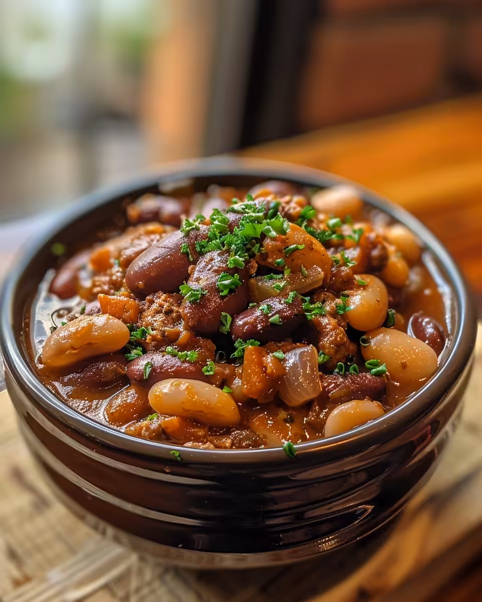 Smoky bacon and ground beef cooking for cowboy beans in a skillet