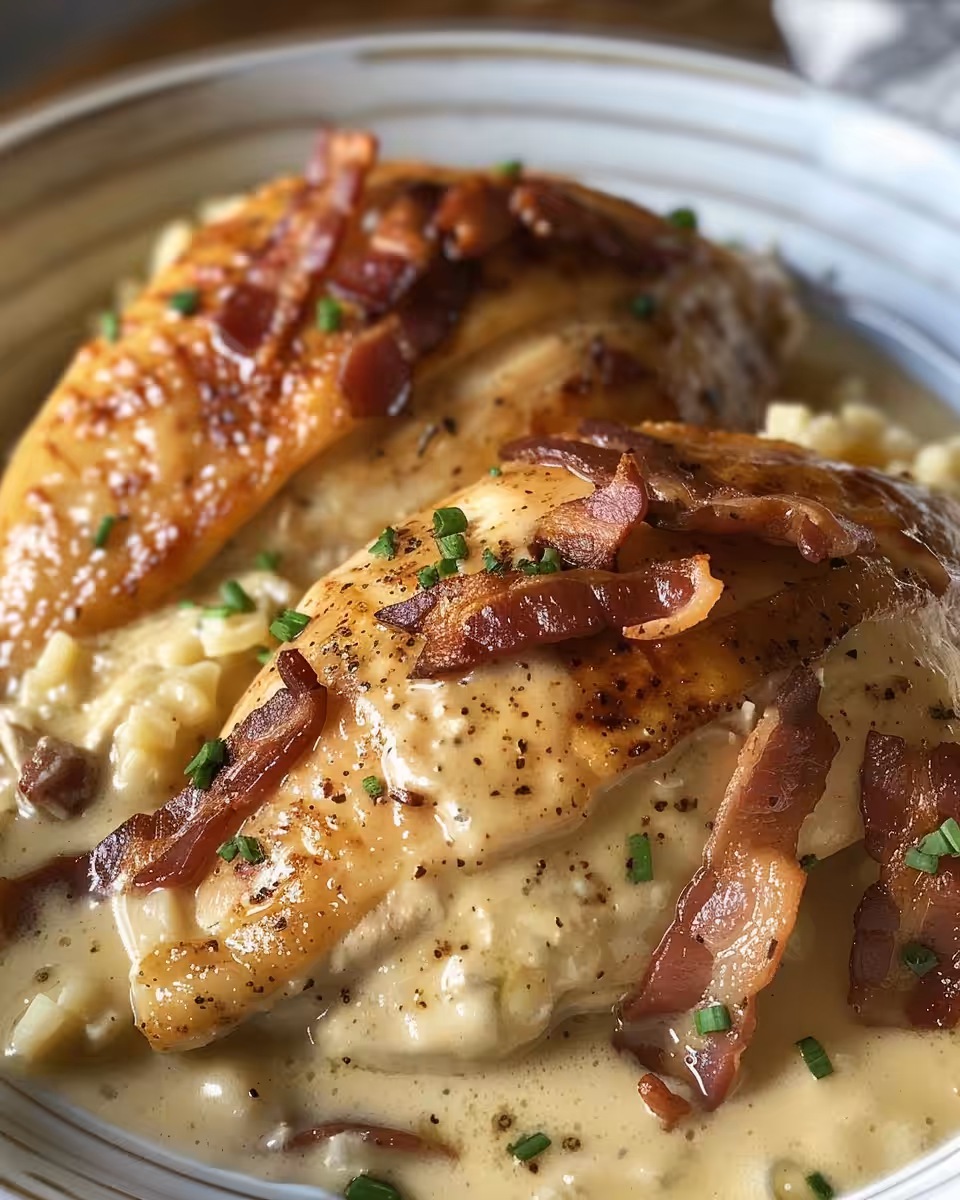 Ingredients for creamy bacon chicken in bowls with shredded cheese and cooked bacon