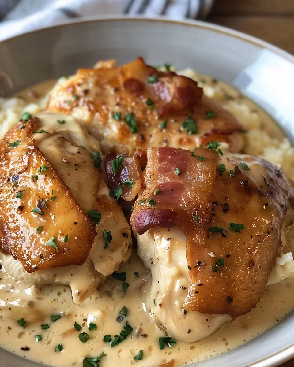 Creamy bacon chicken cooking in pressure cooker, steam visible
