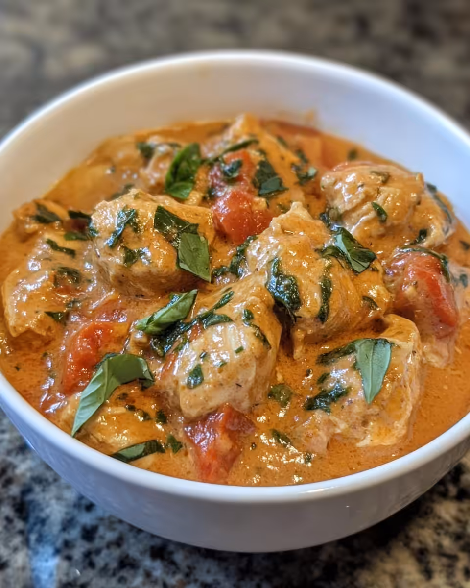 Served creamy tomato basil chicken fresh from slow cooker