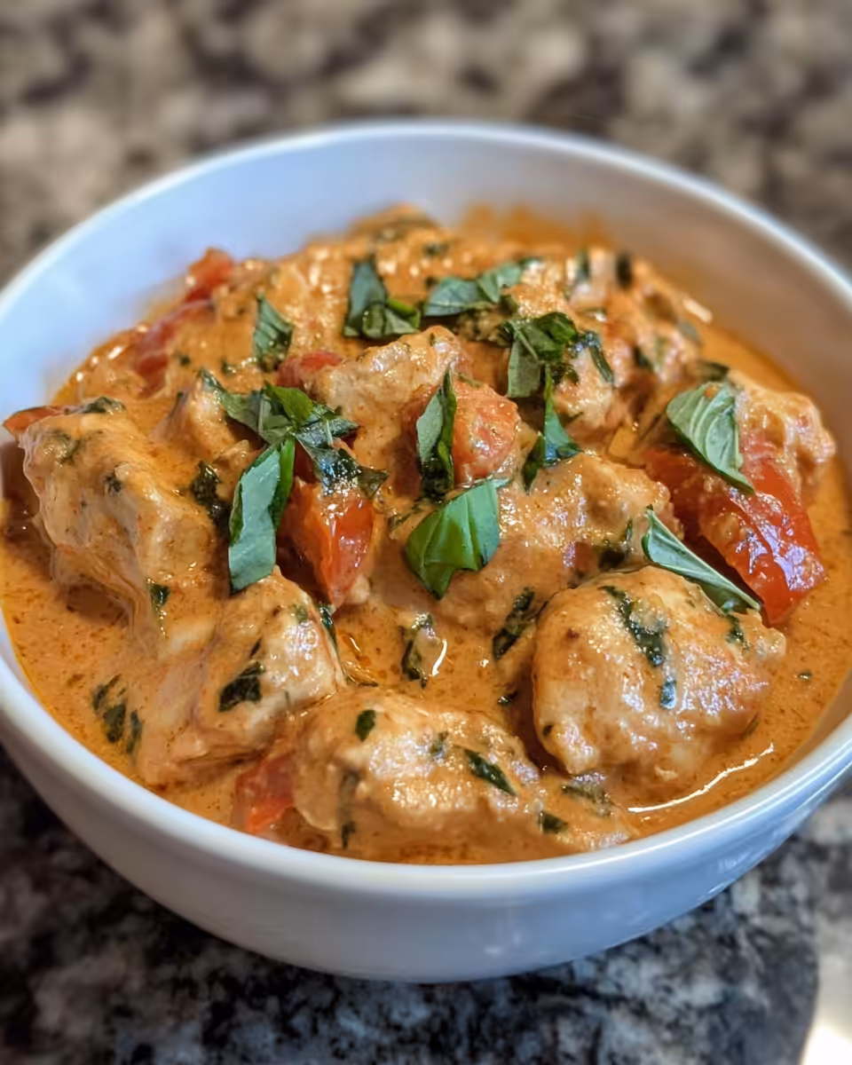 Steam rising from slow cooker with creamy tomato basil chicken inside