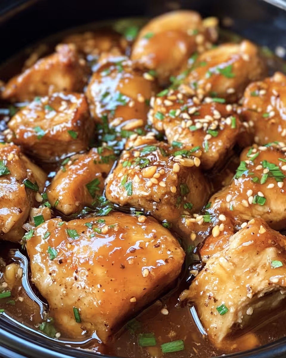 Glazed honey garlic chicken plated and garnished with fresh parsley and sesame seeds