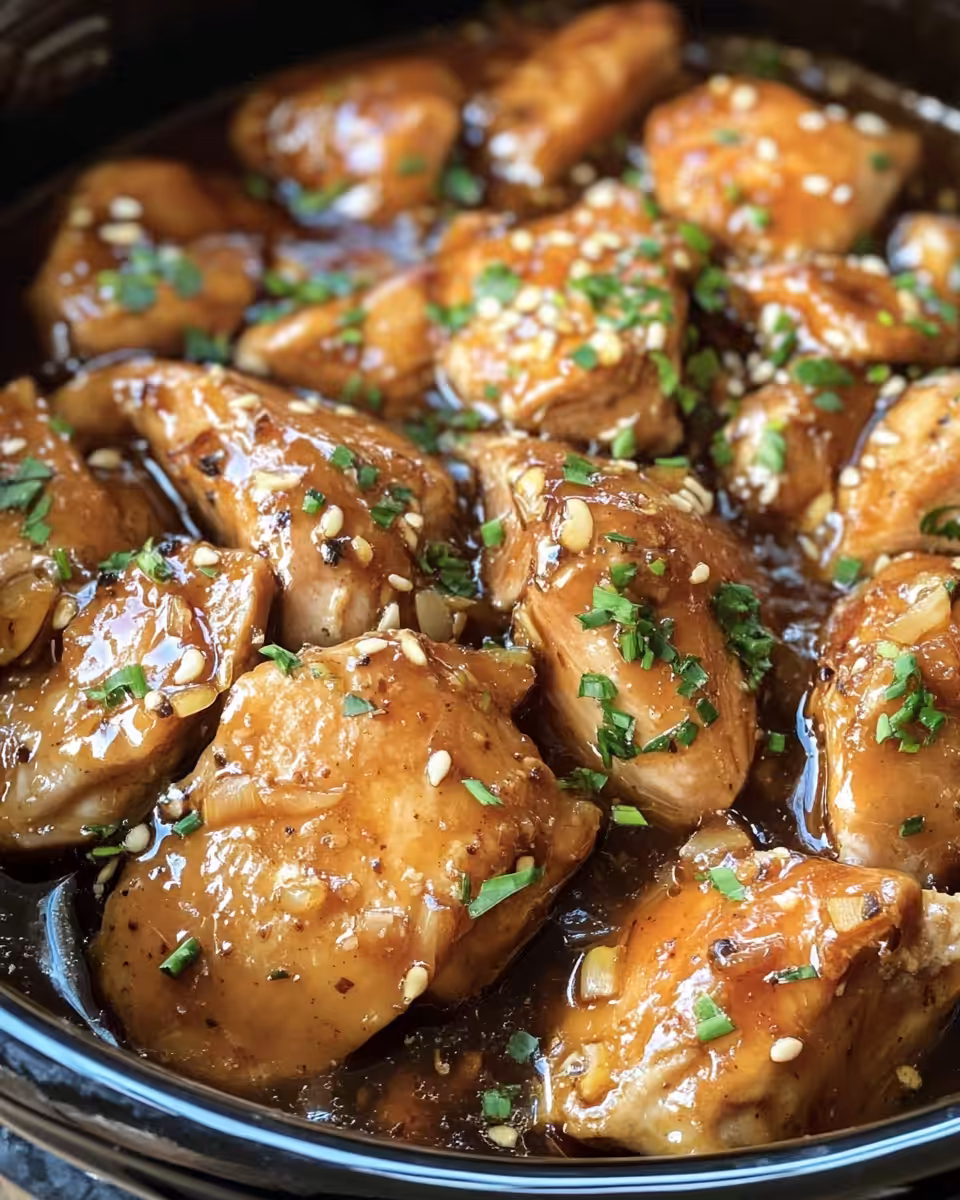 Slow cooker honey garlic chicken fresh from cooker with tender juicy texture