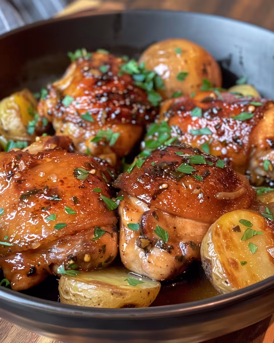 Slow cooker honey garlic chicken thighs and potatoes in pot