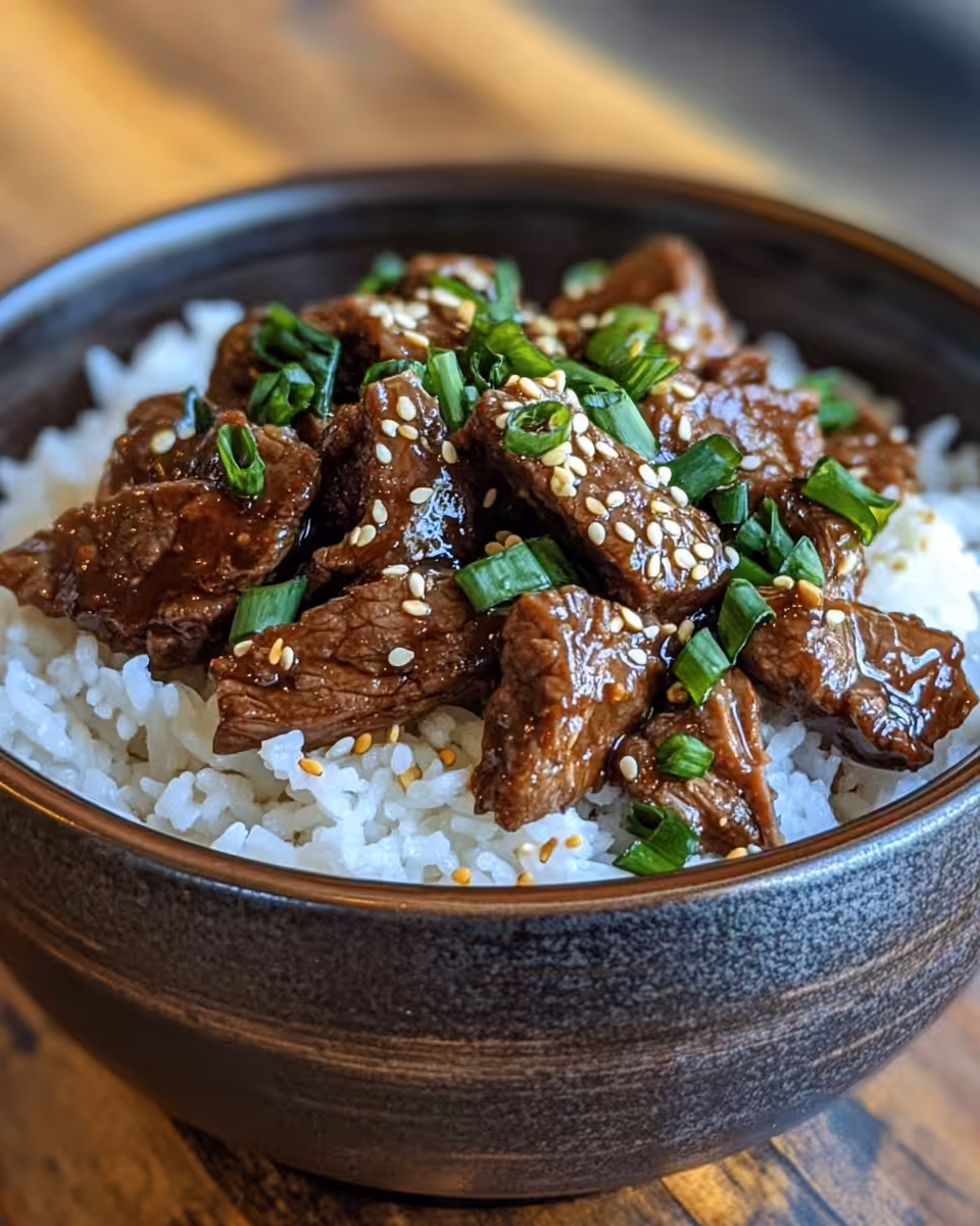 Served slow cooker Korean beef with sesame seeds and green onions