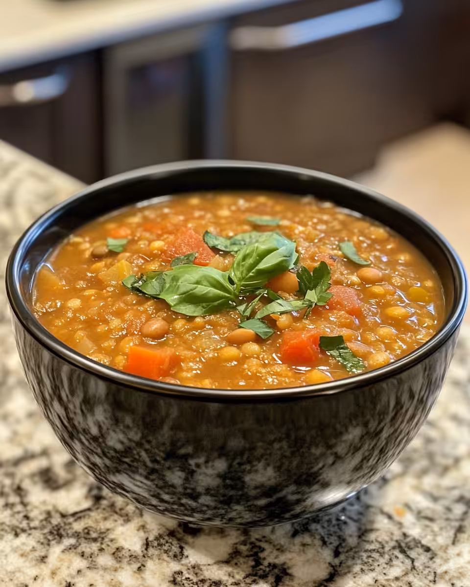 Finished pressure cooked lentil soup served in a bowl with garnish