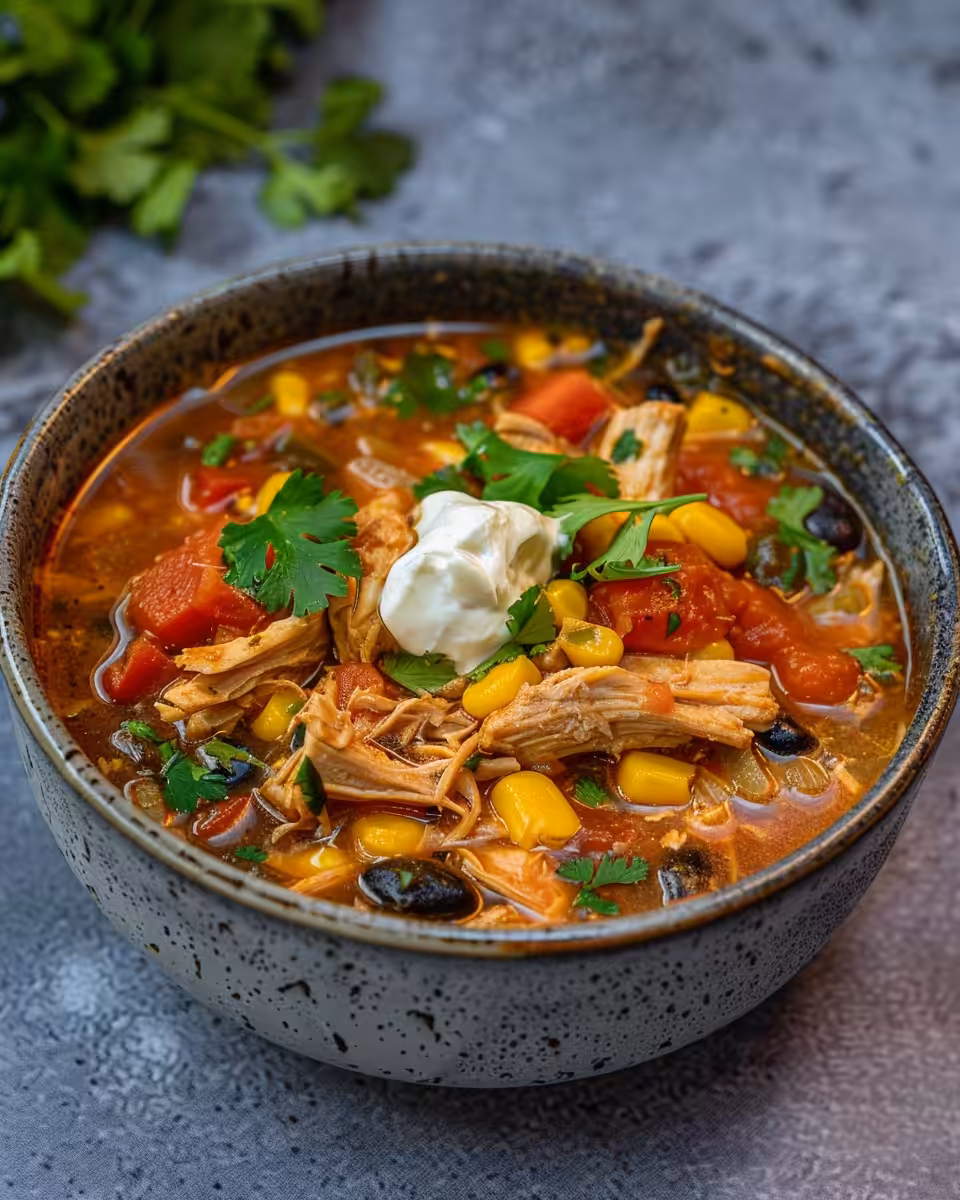 Bowl of Mexican chicken stew garnished with avocado, cheese, and lime