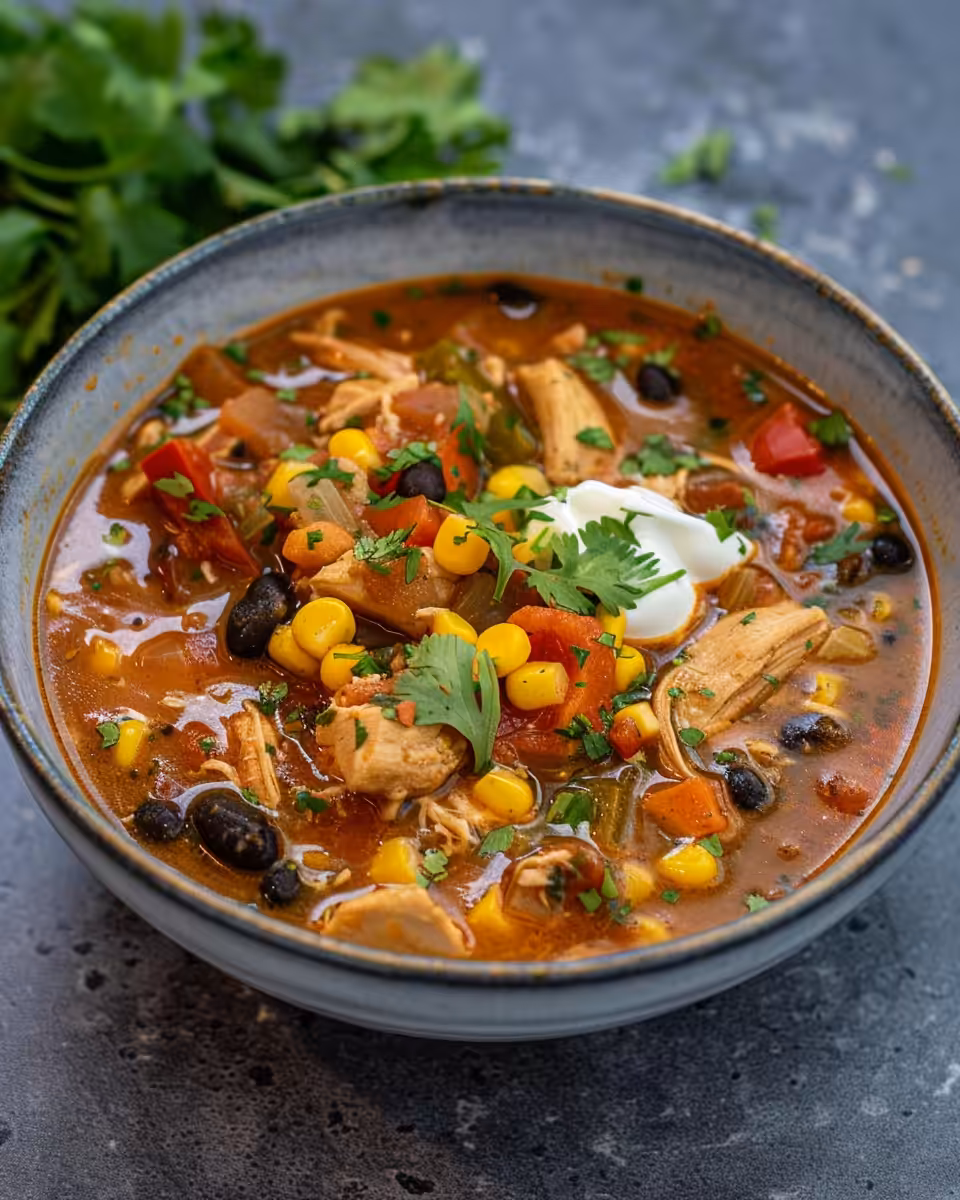 Slow cooker Mexican chicken stew bubbling in pot