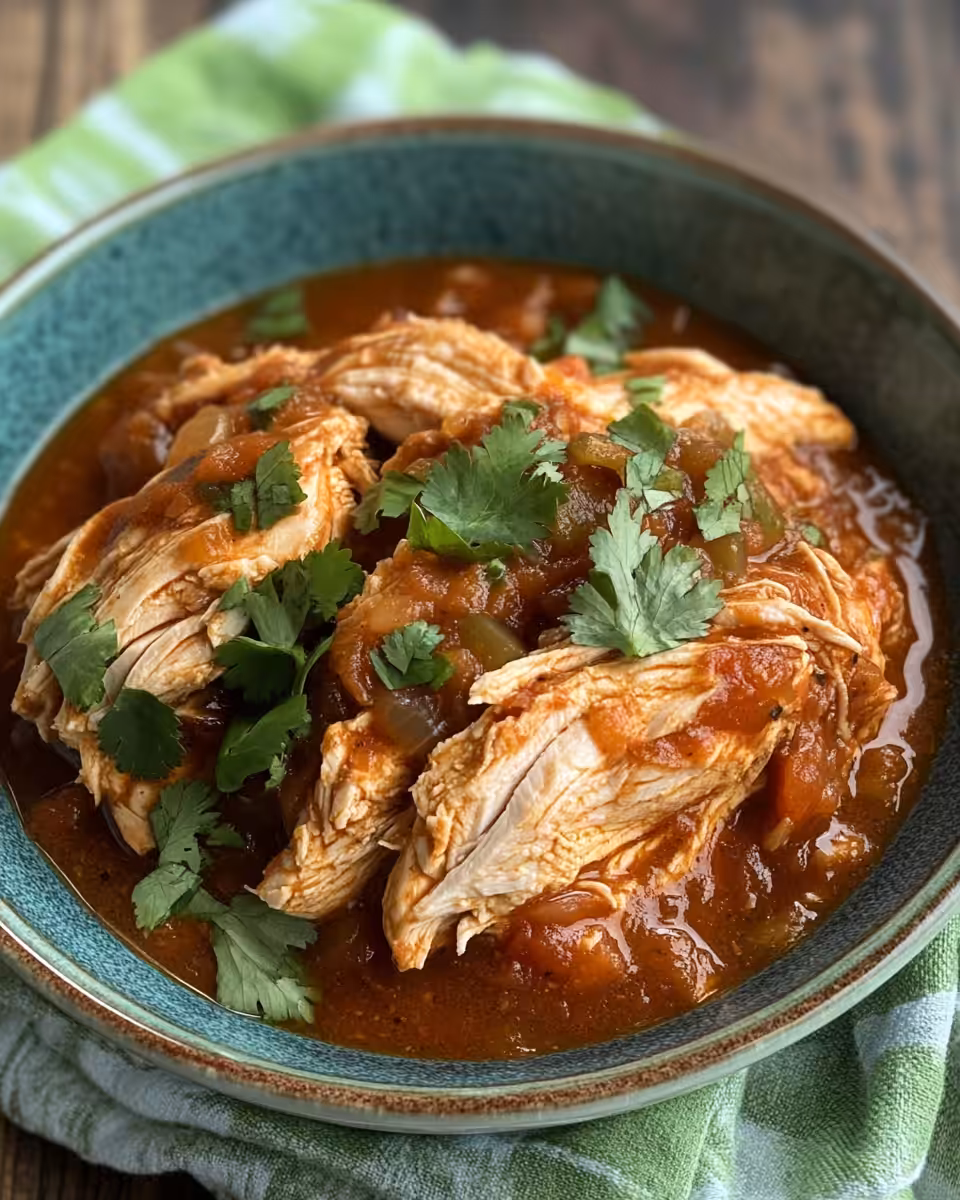 Serving of shredded slow cooker salsa chicken with fresh lime wedges