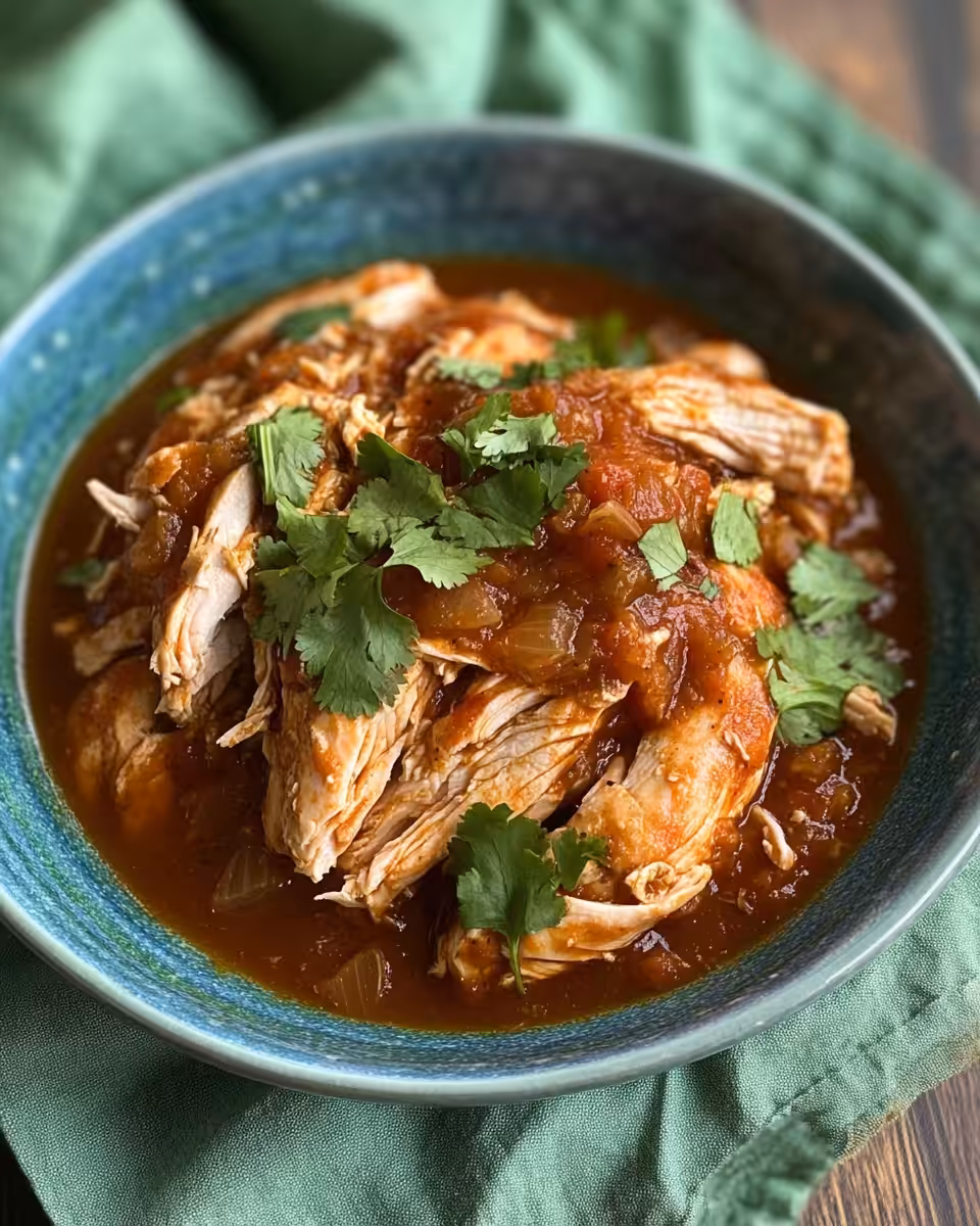 Slow cooker salsa chicken cooking in pressure cooker with colorful spices