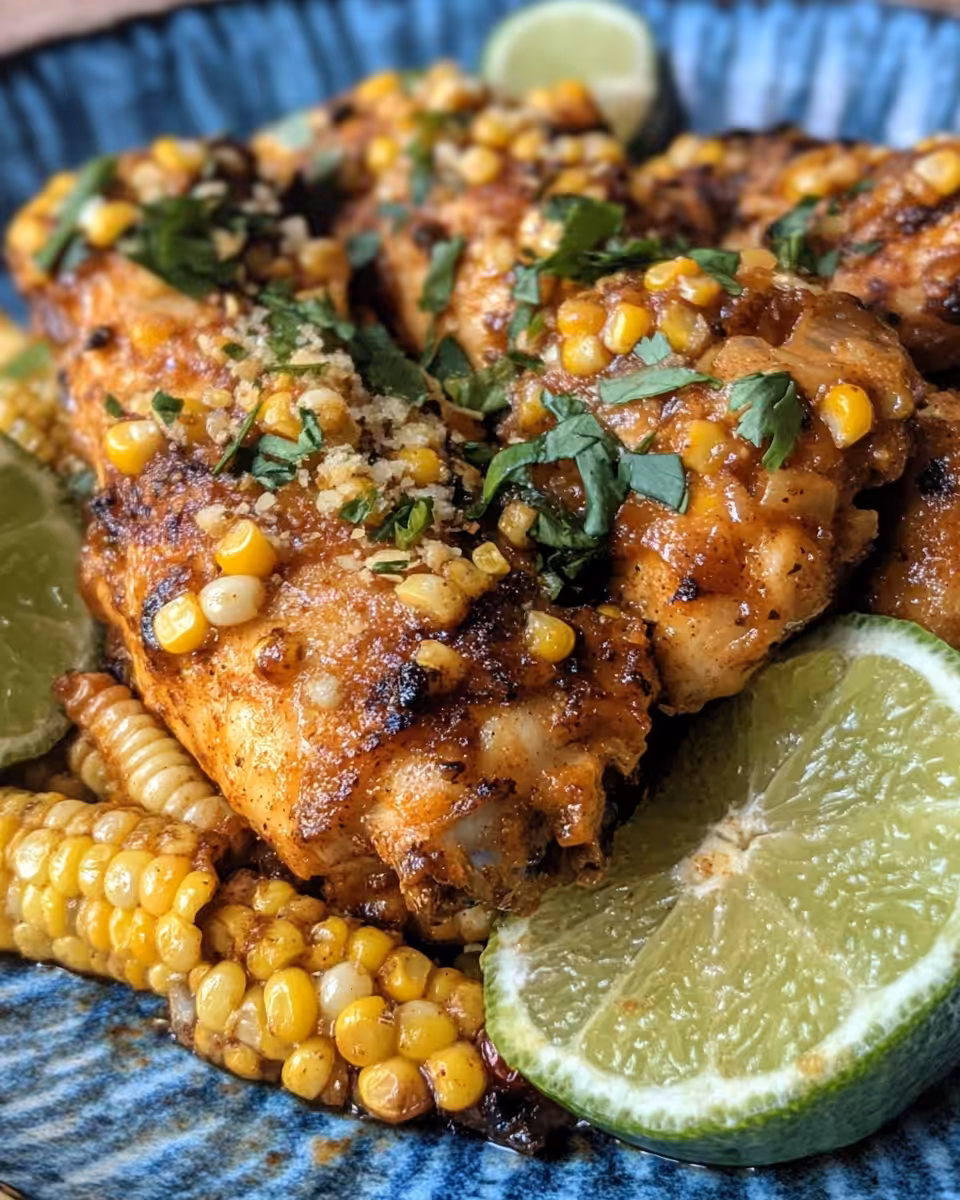 Plated slow cooker street corn chicken with cilantro and queso fresco