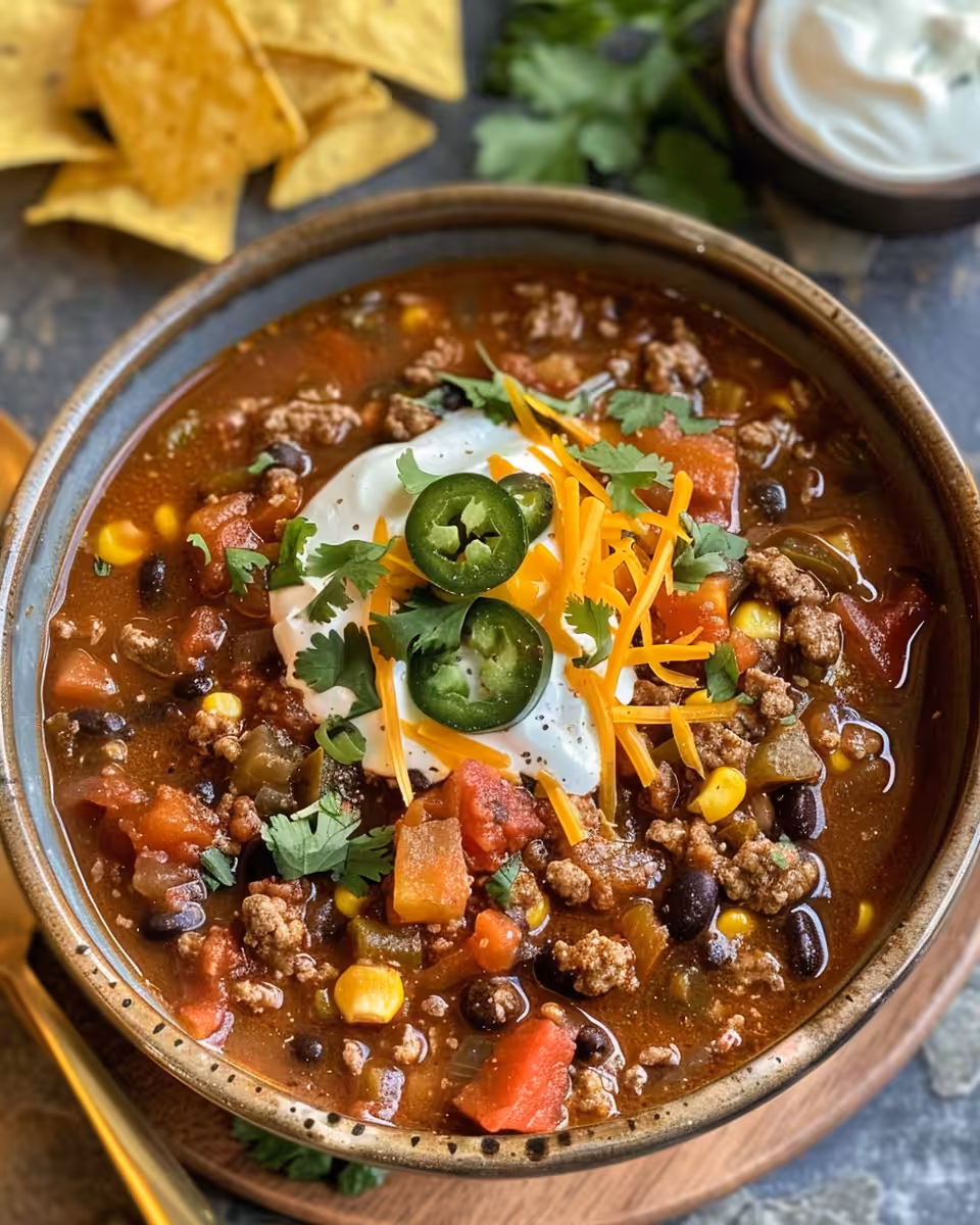 Slow cooker taco soup steaming inviting in pot