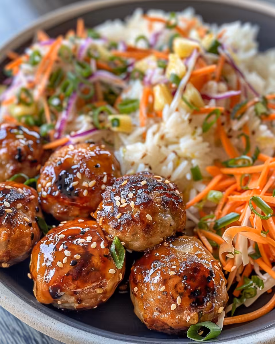 Final serving of sticky Asian chicken meatballs with rice and pineapple slaw