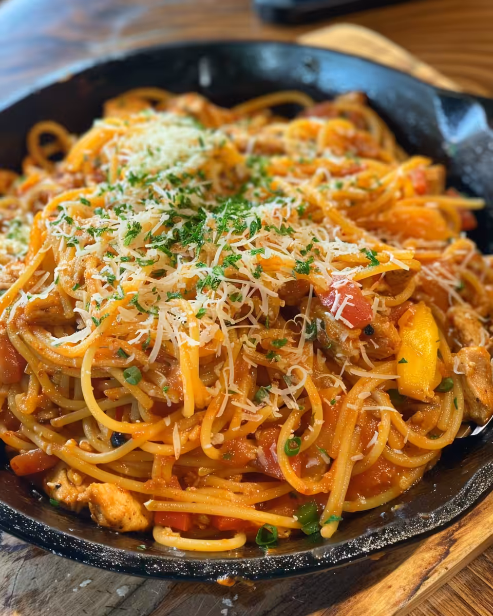 Ingredients for Texas Chicken Spaghetti laid out including shredded chicken, spaghetti, cheddar, and veggies