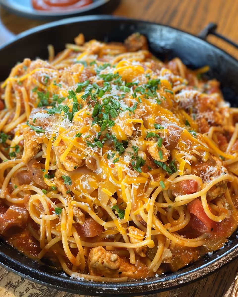 Baked Texas Chicken Spaghetti with melted cheddar cheese on top, ready to serve