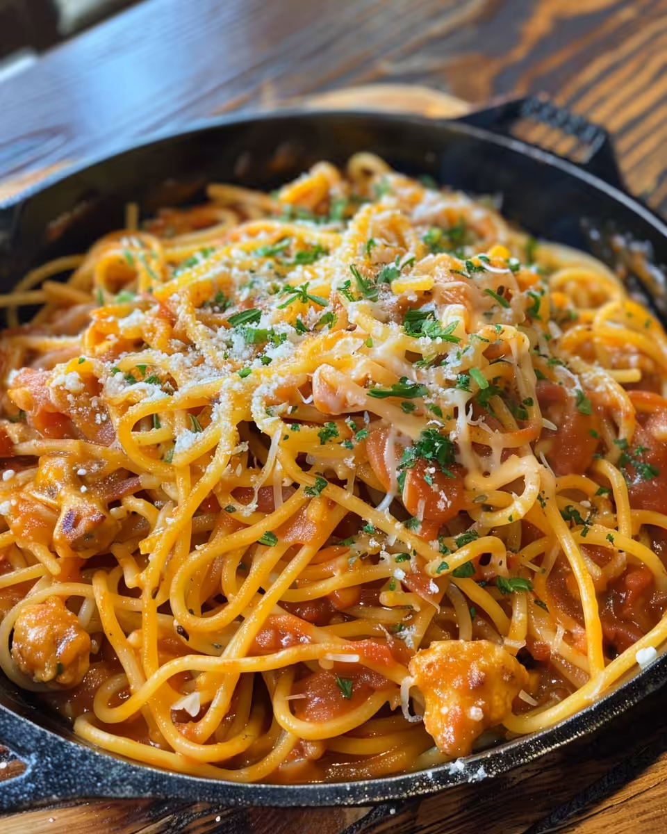 Texas Chicken Spaghetti in pressure cooker with steam rising