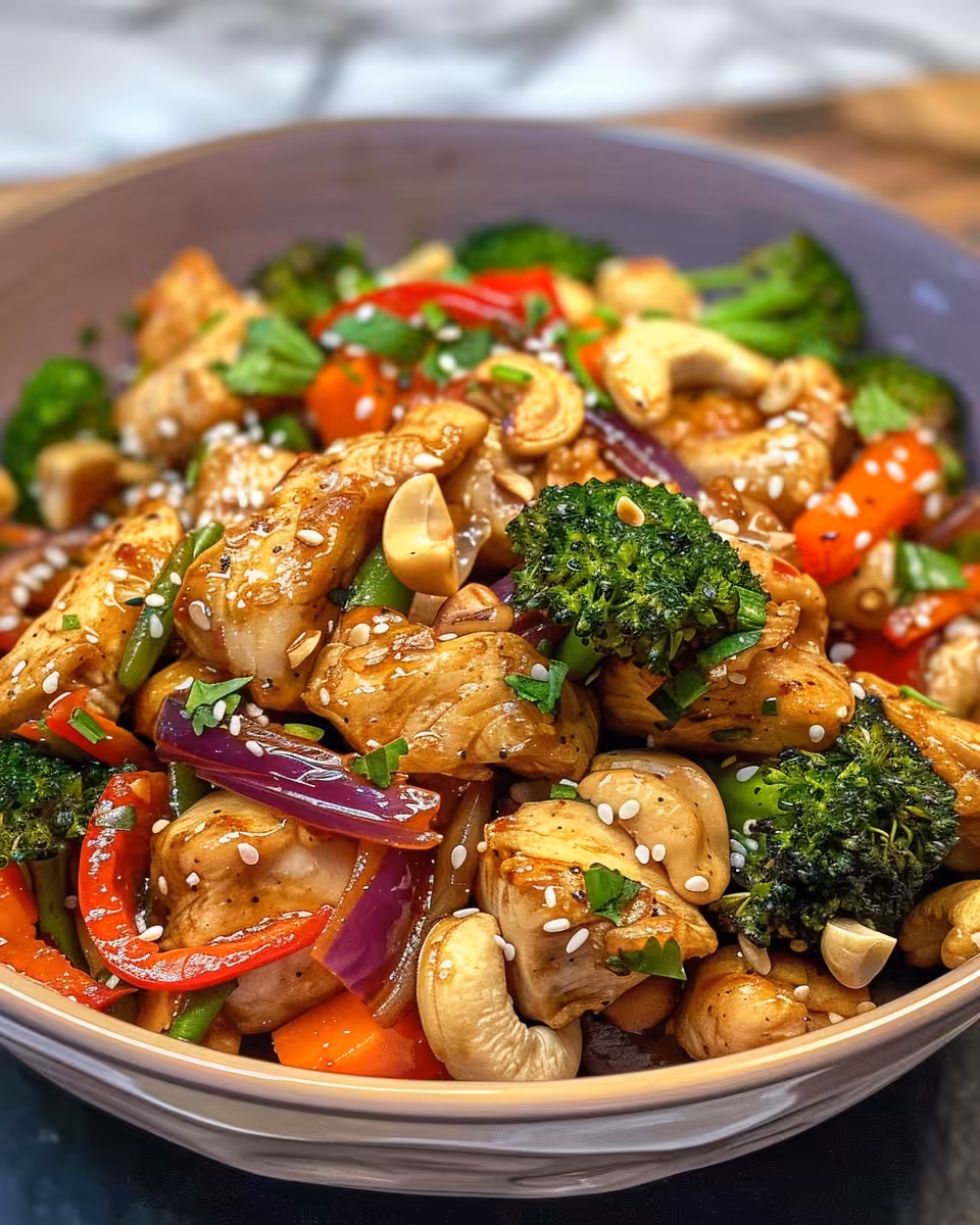 Adding cashews and green onions in chicken stir-fry in skillet