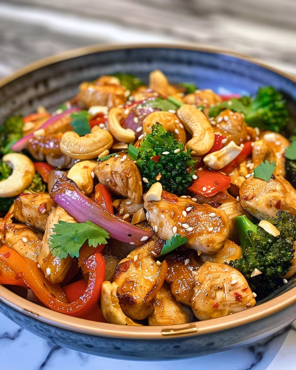 Served Thai cashew chicken over jasmine rice with colorful bell peppers