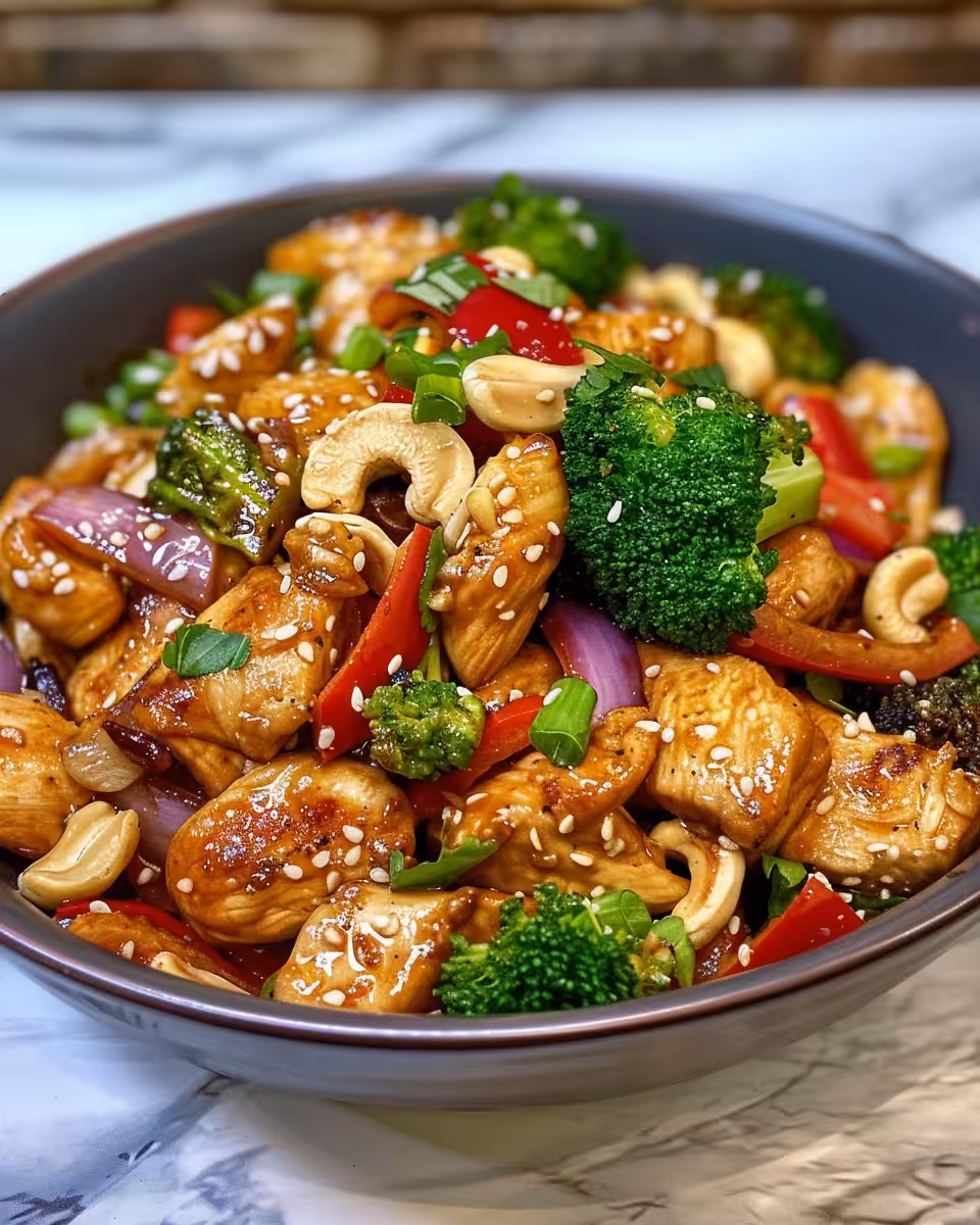 Thai cashew chicken stir fry simmering in pressure cooker with sauce and vegetables