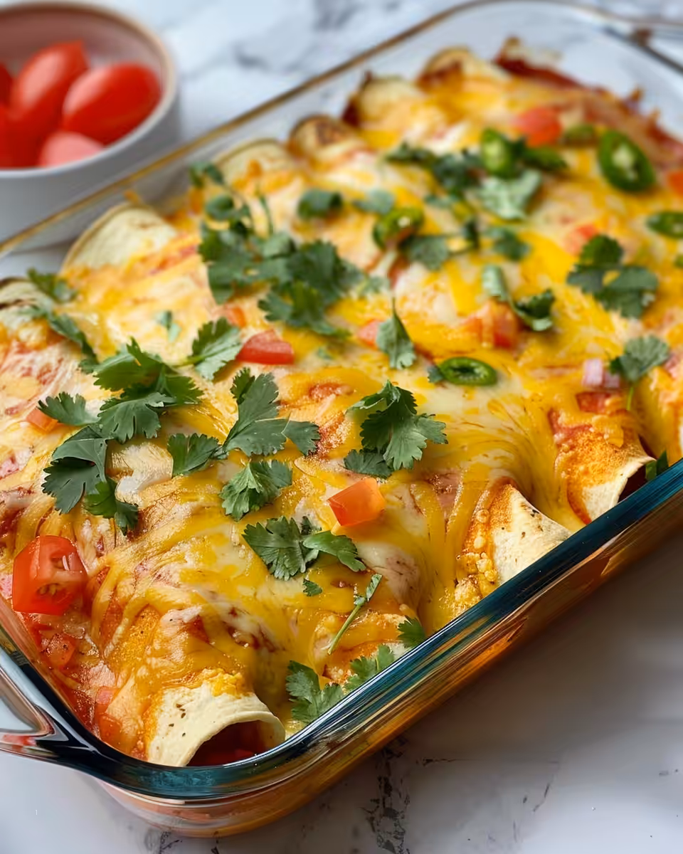 Baking dish filled with rolled chicken enchiladas ready for oven