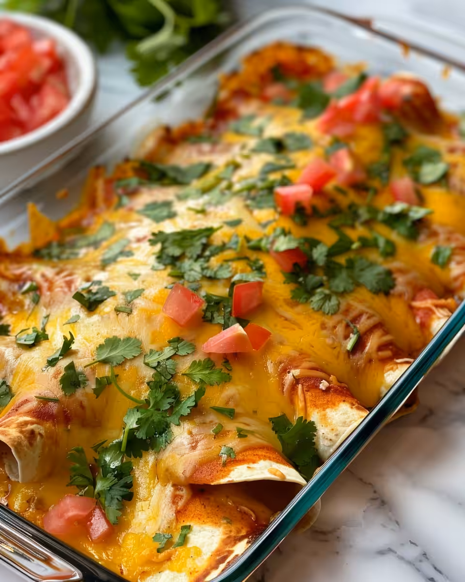 Served plate of baked chicken enchiladas garnished with fresh cilantro and scallions