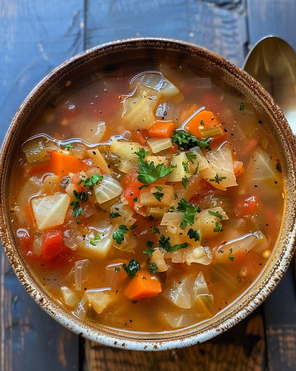 Served bowl of original fat burning cabbage soup with fresh herbs