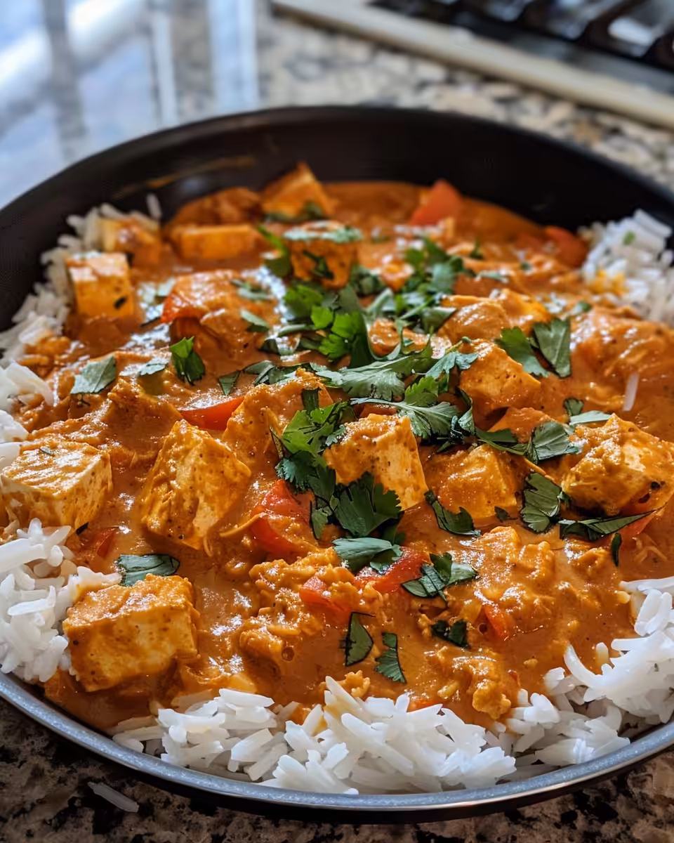 Key ingredients for vegan butter chicken with tofu on a kitchen counter