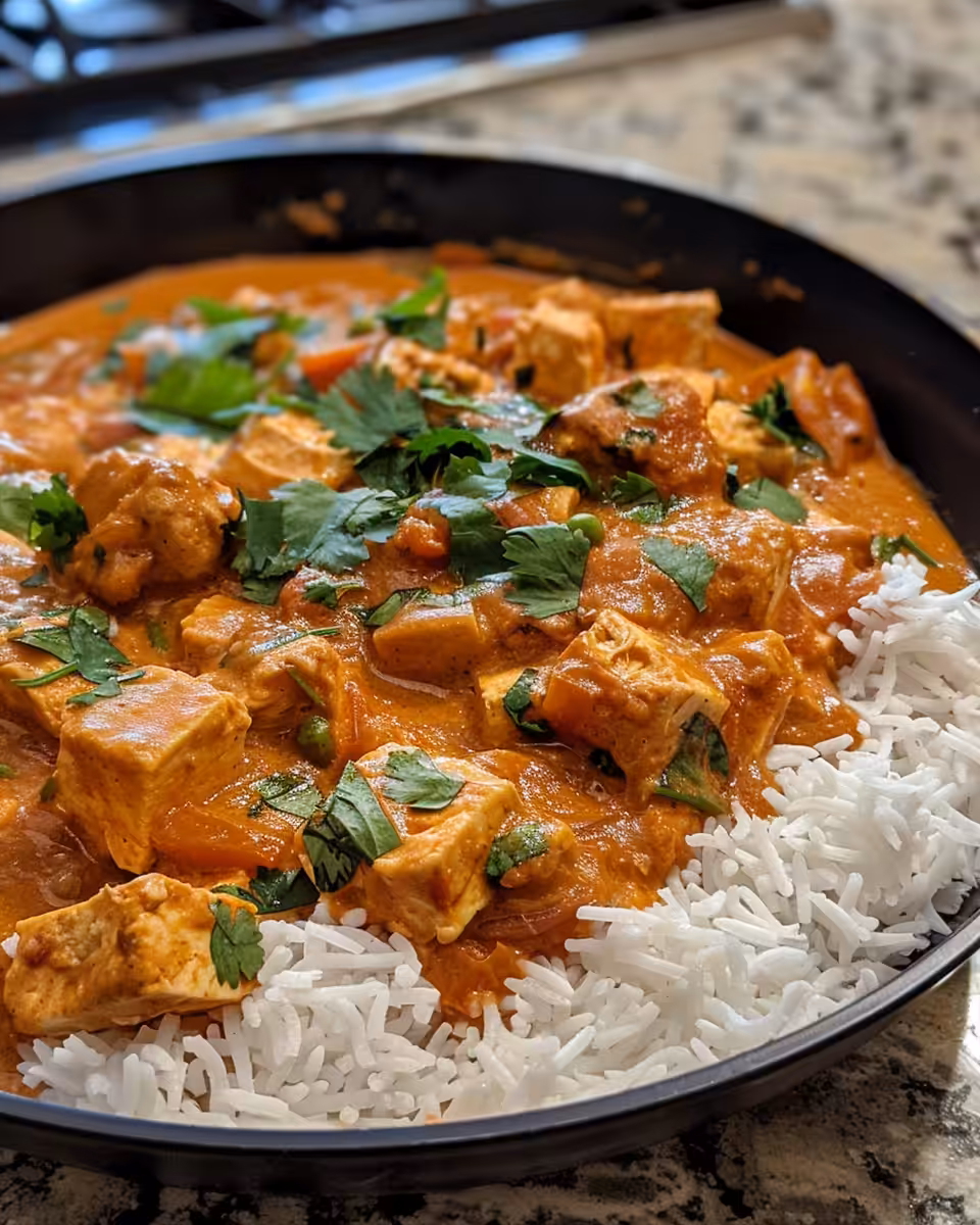 Ready vegan butter chicken with tofu served on plate with rice and naan